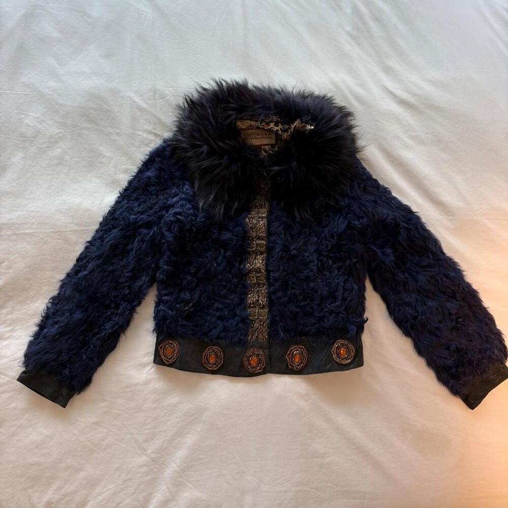 Navy blue real fur jacket with faux fur collar and gold trim